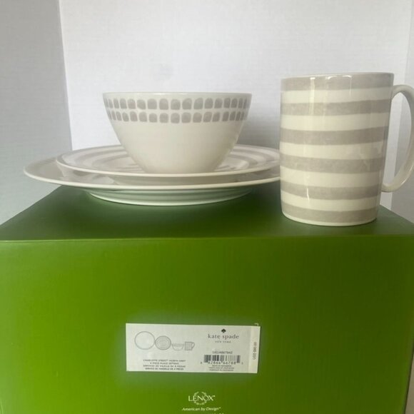 Kate Spade/Lenox Charlotte Street North Grey 4pc Setting Stripes Dots Mix Match - Picture 3 of 9